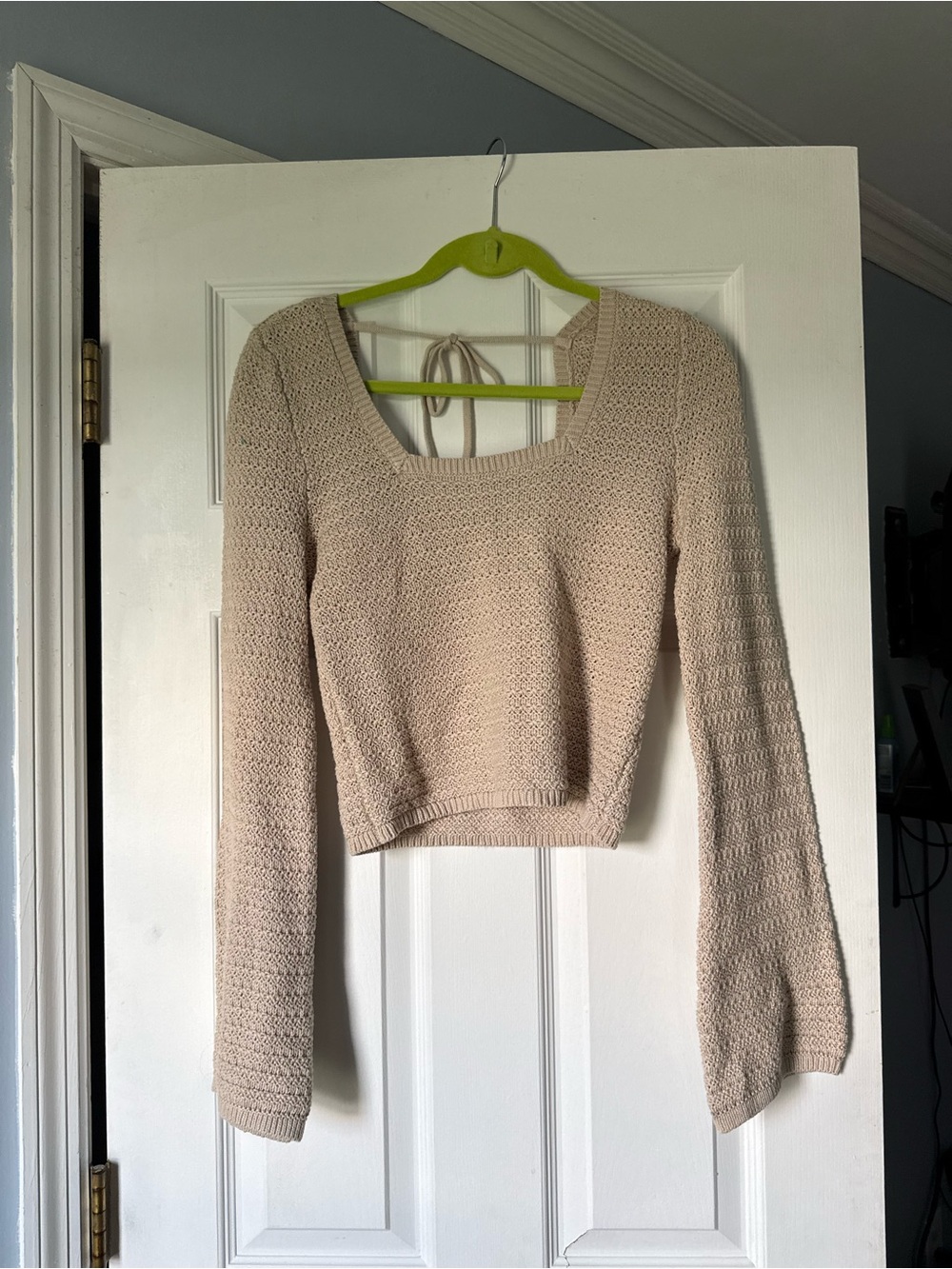 Hollister Crochet Cream Knit Square-Neck Crop Sweater Flared Bell Sleeves